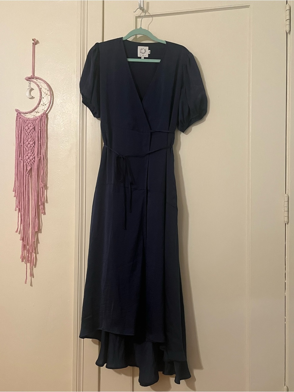 Women's Navy Wrap High-Low Dress with Puff Sleeves